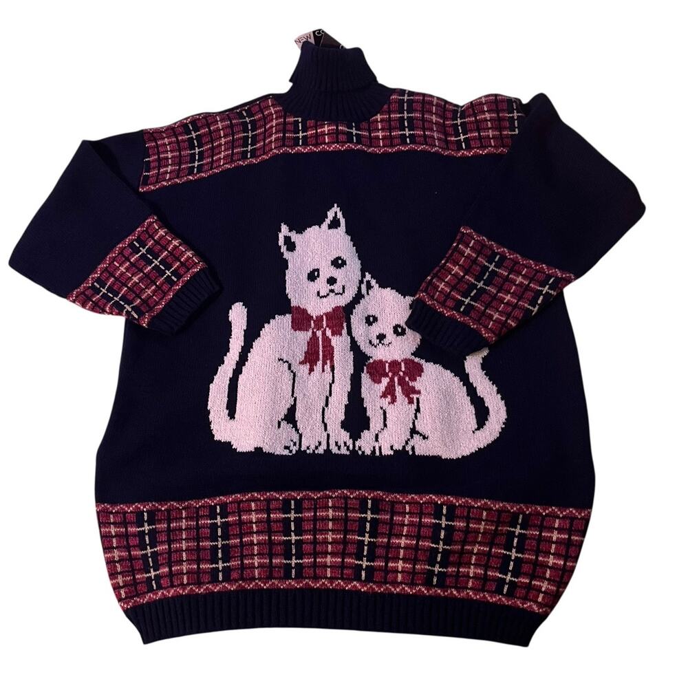 New Concepts | Vintage Deadstock Cats Bows Tartan Plaid Turtleneck Sweater NWT